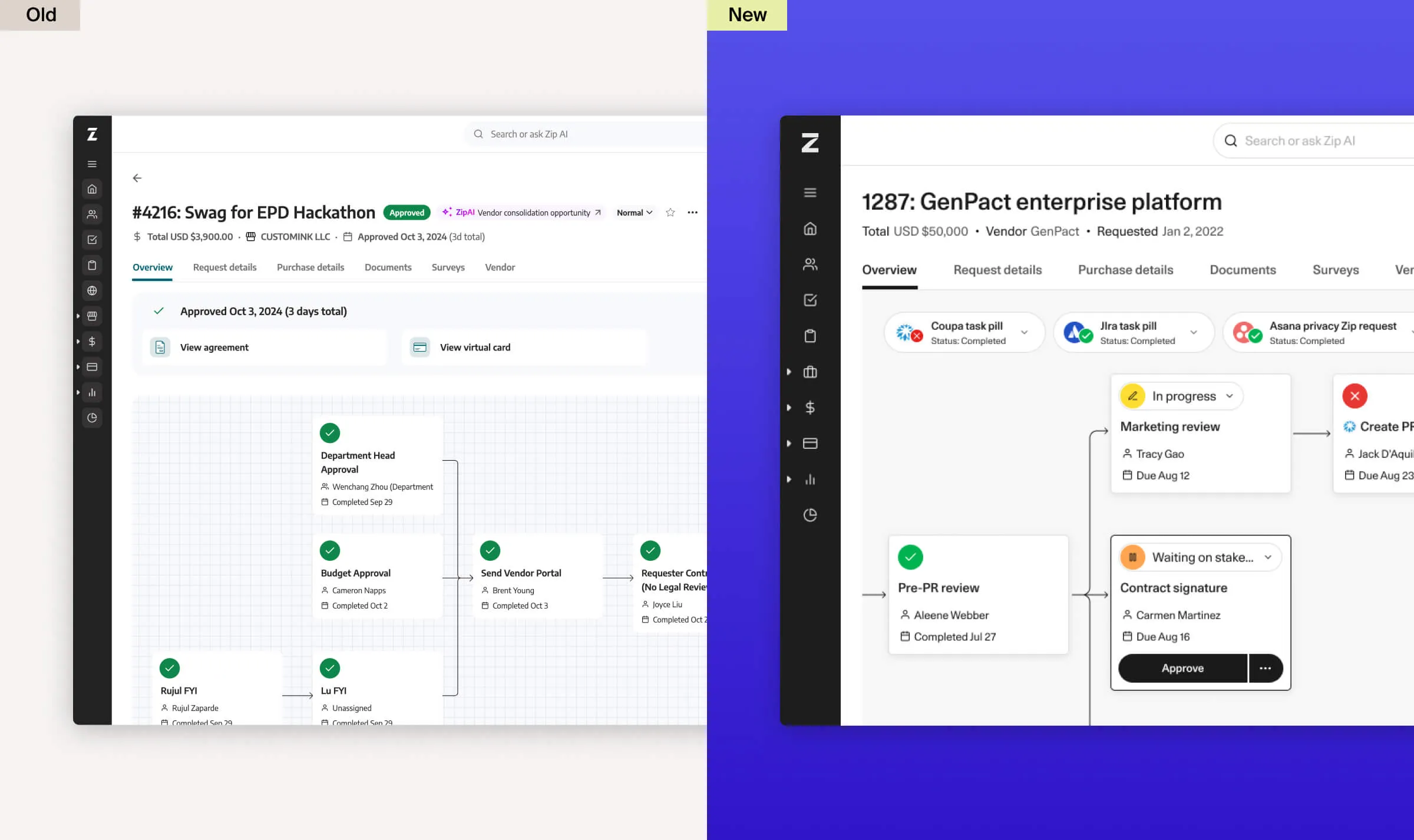 Different example requests in Aspen and Birch. Old: compact header, status pills, tabs and small workflow cards on a grey grid. New: larger type and spacing, integration task pills, larger workflow cards with status dropdowns and an Approve button, on a deep blue backdrop.